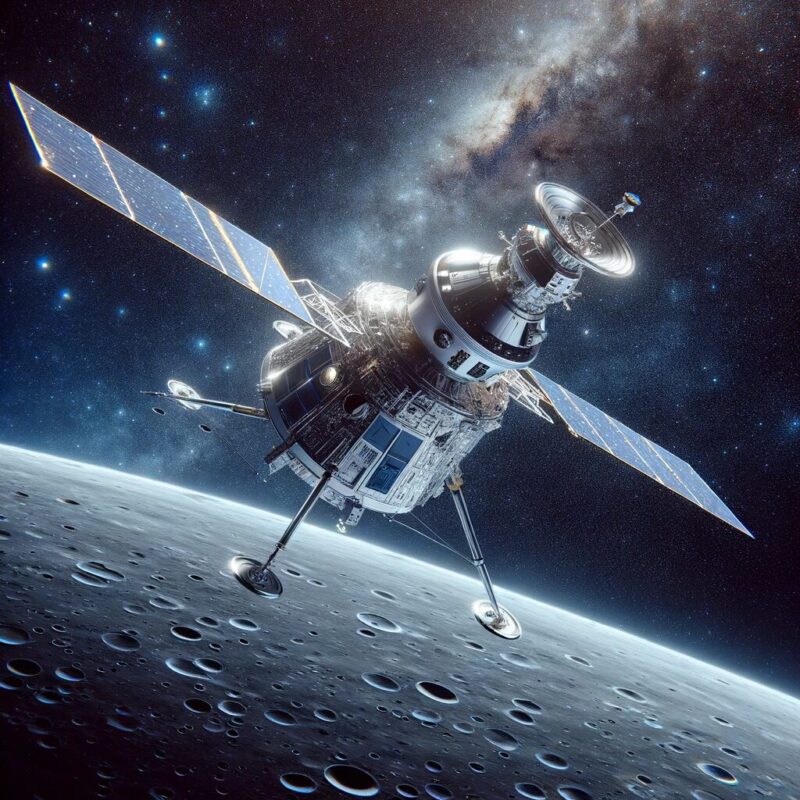 無人探査機が月面飛行しているところ
