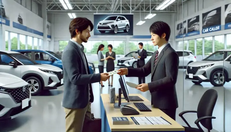 カーディラーで車を現金で買っているところ