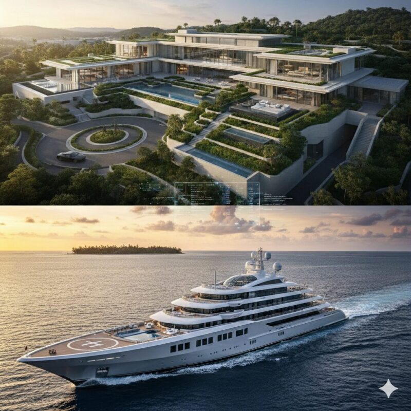 陸の宮殿「100億円邸」と海の城「メガヨット」という壮大な対比