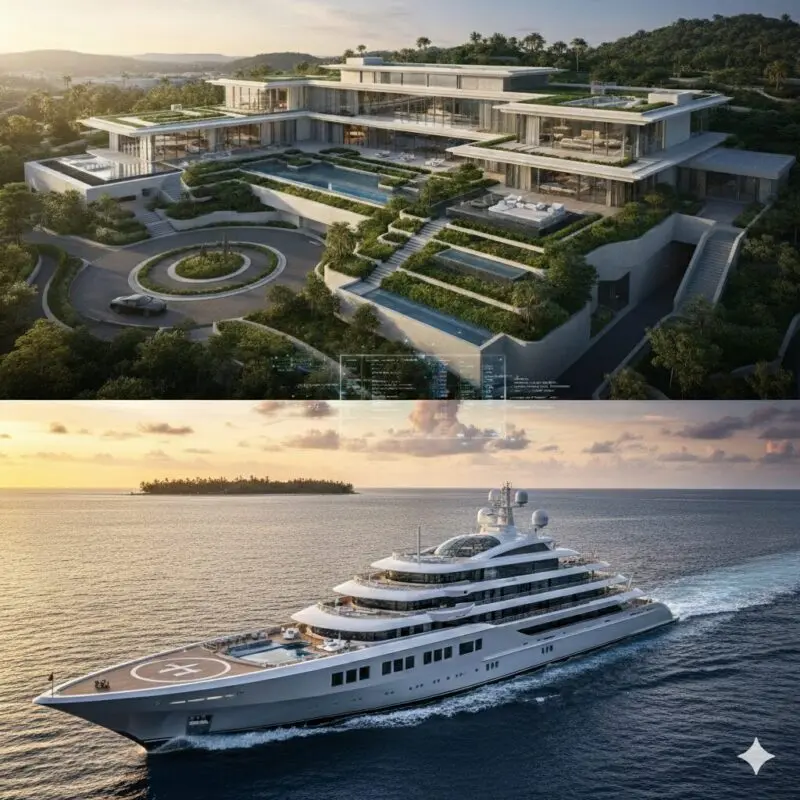 陸の宮殿「100億円邸」と海の城「メガヨット」という壮大な対比