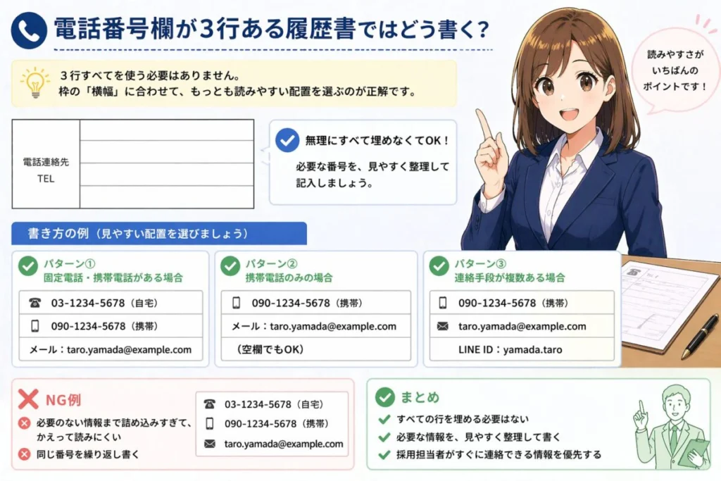 電話番号欄が3行ある履歴書ではどう書く？