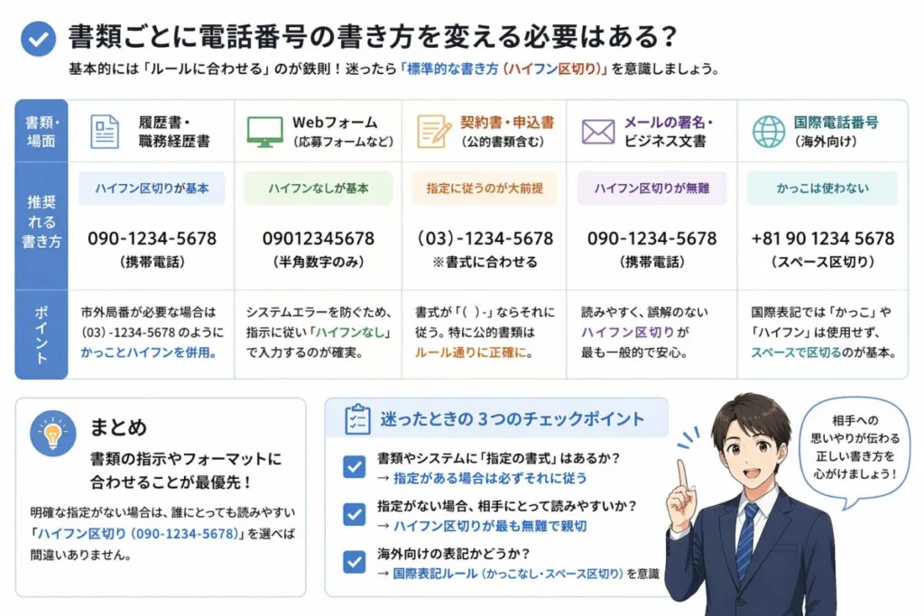 書類ごとに電話番号の書き方を変える必要はある？