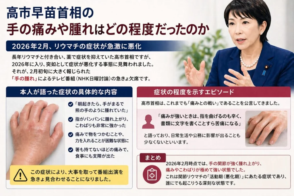 手の痛みや腫れはどの程度だったのか