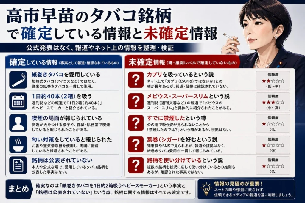 高市早苗のタバコ銘柄で確定している情報と未確定情報
