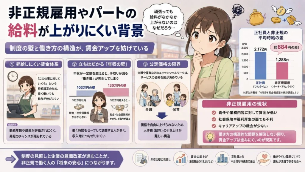 非正規雇用やパートの給料が上がりにくい背景