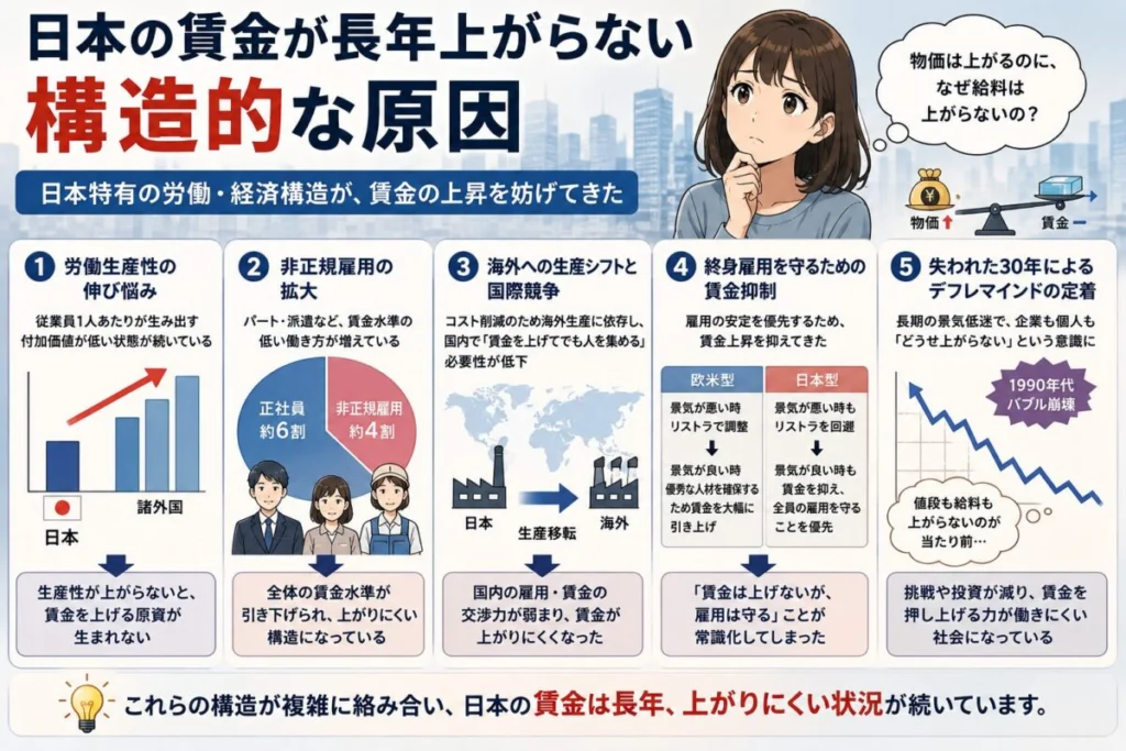 日本の賃金が長年上がらない構造的な原因
