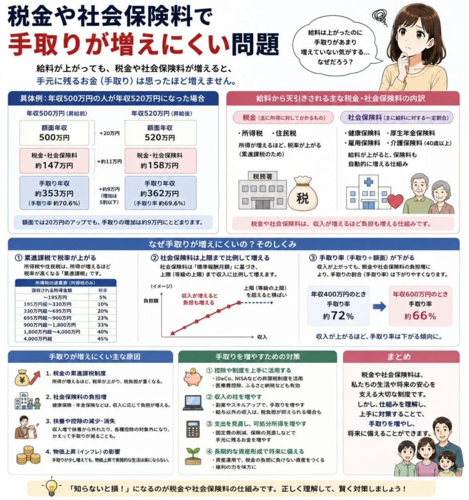 税金や社会保険料で手取りが増えにくい問題
