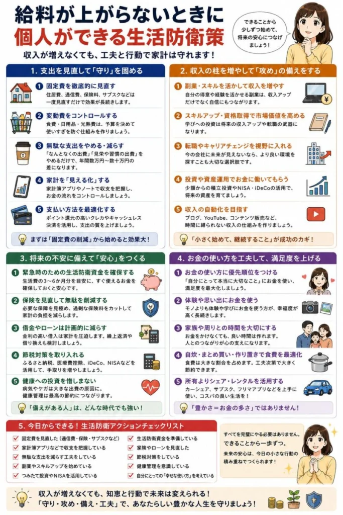 給料が上がらないときに個人ができる生活防衛策