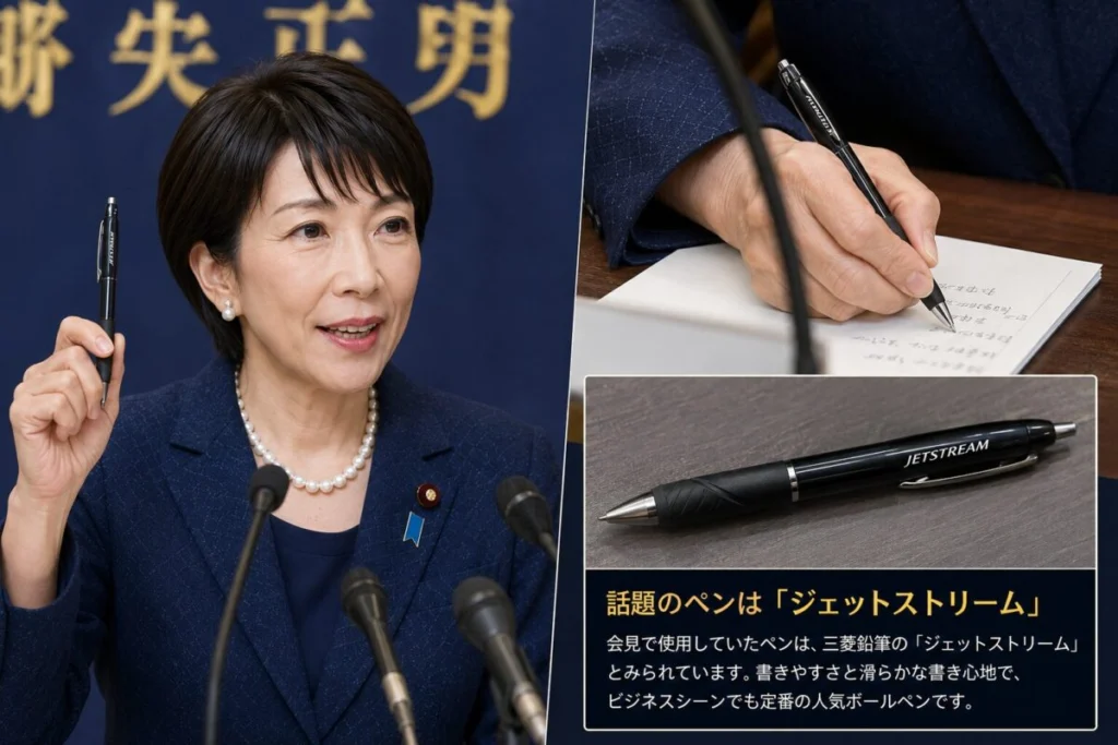 会見で話題になったペンはジェットストリーム?