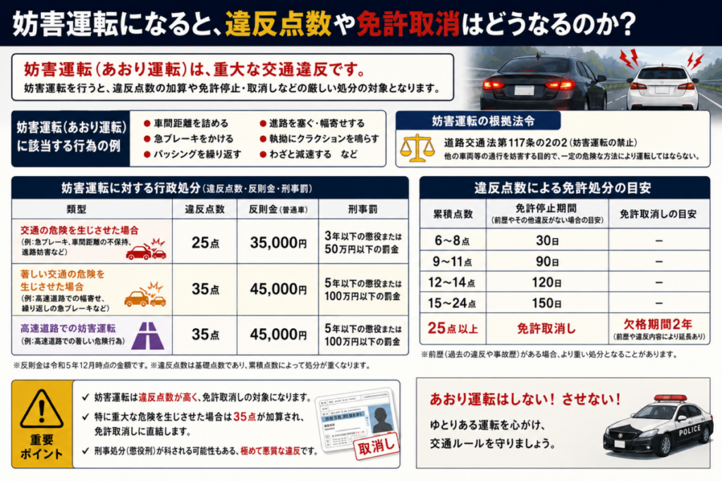 妨害運転になると違反点数や免許取消はどうなるのか