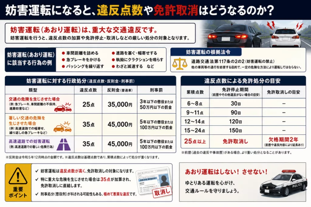 妨害運転になると違反点数や免許取消はどうなるのか